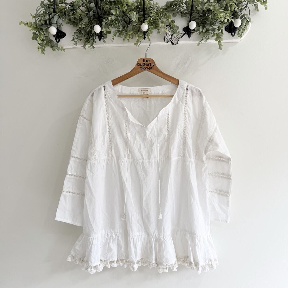 Sundance Cotton Gauze Tunic Blouse pom pom boho Womens Small MM 6079